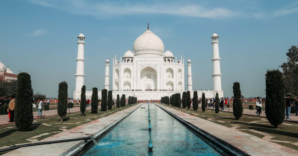 Capture of the Taj Mahal, a symbol of love, with clear skies in Agra, India.